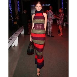 Frederick Anderson Striped Angora Hand Crochet Cowl Neck Maxi Dress Size S